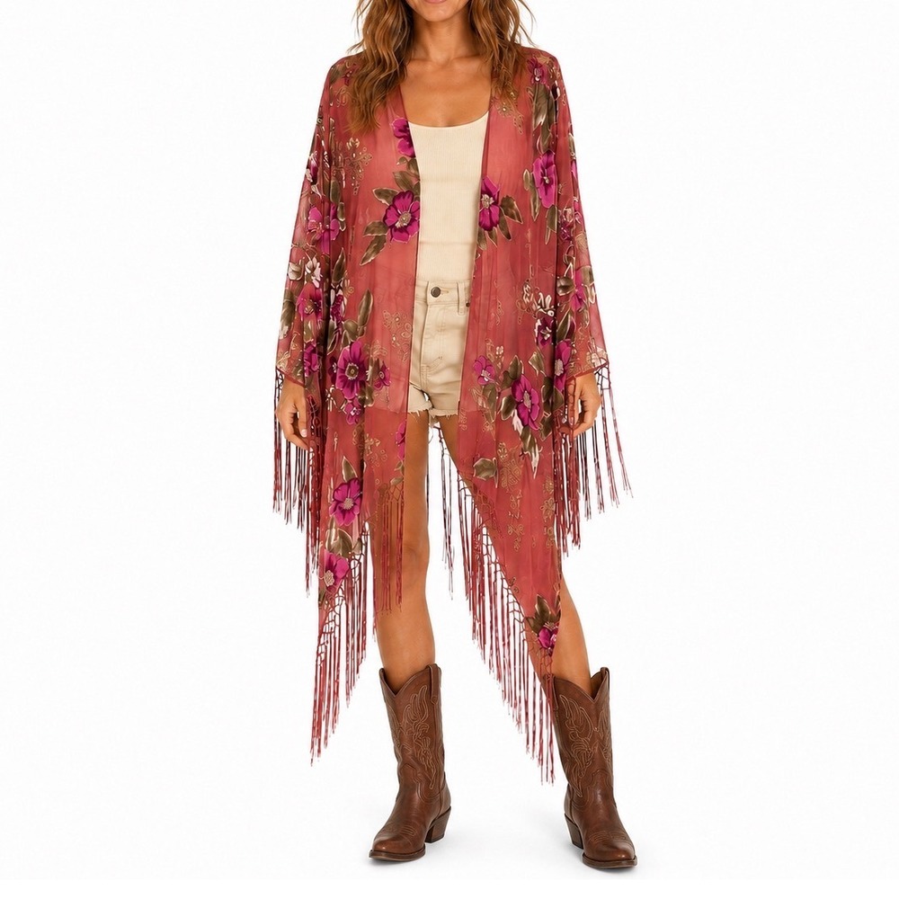 Sterling Styles 100% Silk Sheer Floral Burnout Fringe Kimono M Wrap Mauve Pink